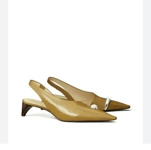 Tory Burch Tan Pierced Slingback Heels with Pointed Toe